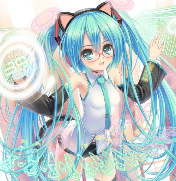 Anime picture 1600x1650 with vocaloid hatsune miku norita single long hair tall image open mouth twintails animal ears aqua eyes cat ears aqua hair cat tail girl skirt detached sleeves miniskirt glasses necktie