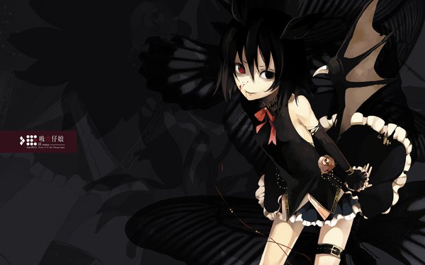 Anime picture 1920x1200 with alice in the country of hearts blood dupre hiiragi ryou riku (wana) highres wide image bare shoulders animal ears teeth fang (fangs) wallpaper heterochromia dated bat wings genderswap girl gloves bow wings elbow gloves