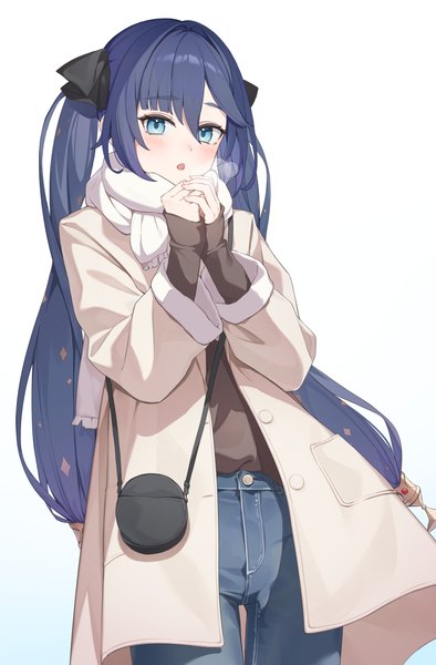 Anime picture 2376x3622 with genshin impact mona megistus yuu maraa single long hair tall image looking at viewer fringe highres blue eyes simple background hair between eyes white background twintails blue hair long sleeves :o alternate costume sleeves past wrists exhalation