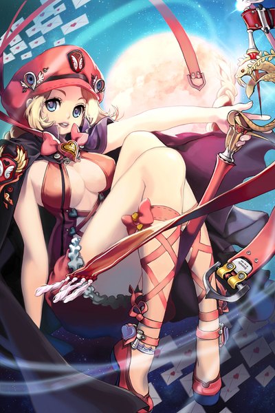 Anime picture 1000x1500 with original hyeona single tall image looking at viewer breasts open mouth blue eyes light erotic blonde hair very long hair legs red moon girl dress moon cape staff peaked cap letter