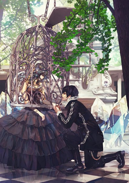 Anime picture 735x1038 with original hokoodo tall image short hair black hair smile brown hair profile couple holding hands angel wings checkered floor girl dress boy plant (plants) wings black dress crystal cage