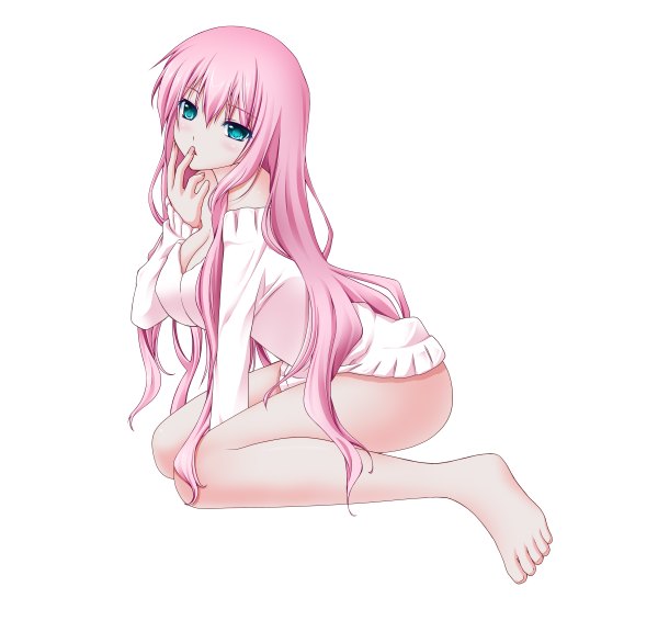 Anime picture 2400x2344 with vocaloid megurine luka wata (akawata) long hair blush highres blue eyes simple background white background pink hair barefoot legs girl sweater