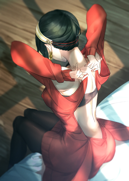 Anime picture 2591x3624 with spy x family yor briar furon (froon) single tall image highres short hair black hair sitting indoors long sleeves from above from behind arms up back bare back girl earrings pantyhose black pantyhose