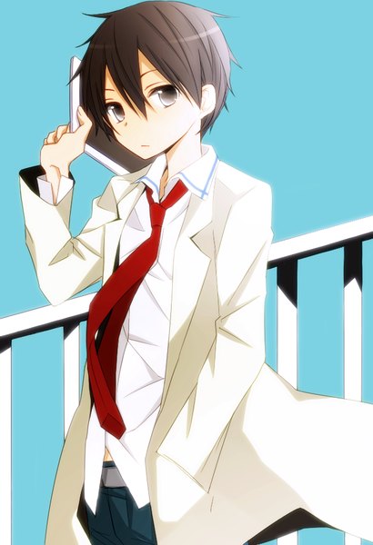 Anime picture 650x950 with sword art online a-1 pictures kirigaya kazuto tsukimori usako single tall image looking at viewer short hair black hair simple background black eyes blue background hand in pocket boy uniform school uniform necktie notebook