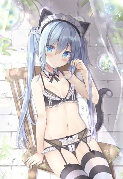 Anime picture 1260x1823 with original saeki sora single long hair tall image looking at viewer blush fringe breasts blue eyes light erotic hair between eyes sitting twintails bare shoulders animal ears payot blue hair tail nail polish