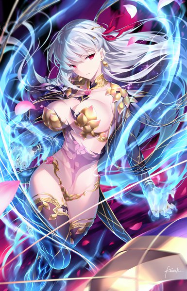 Anime picture 650x1011 with fate (series) fate/grand order kama (fate) kousaki rui single long hair tall image looking at viewer fringe breasts light erotic hair between eyes red eyes large breasts standing signed silver hair head tilt floating hair standing on one leg