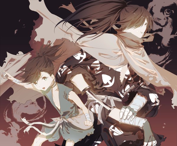 Anime picture 2116x1744 with dororo (tezuka) hyakkimaru (dororo) dororo (character) mimisaki looking at viewer fringe highres open mouth black hair simple background standing holding brown eyes looking away ponytail traditional clothes japanese clothes arm up hair over one eye multiple boys