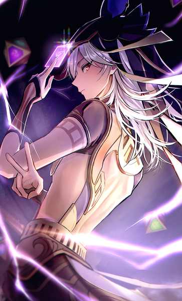 Anime picture 1251x2067 with genshin impact cyno (genshin impact) pponnya single long hair tall image looking at viewer red eyes holding silver hair profile sparkle victory electricity boy headdress card (cards) dice