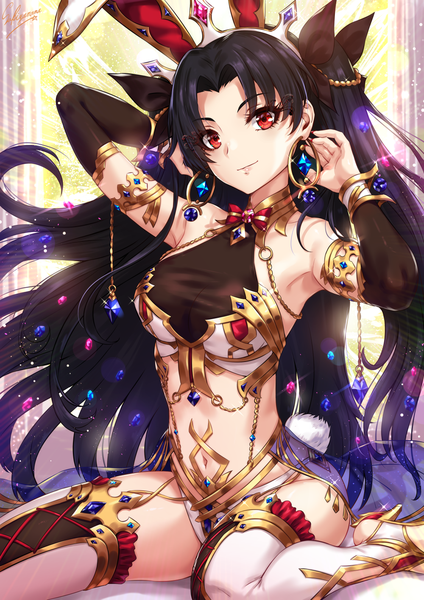 Anime-Bild 1000x1414 mit fate (series) fate/grand order ishtar (fate) sakiyamama single tall image looking at viewer fringe light erotic black hair red eyes sitting animal ears tail animal tail arms up armpit (armpits) high heels two side up bunny ears