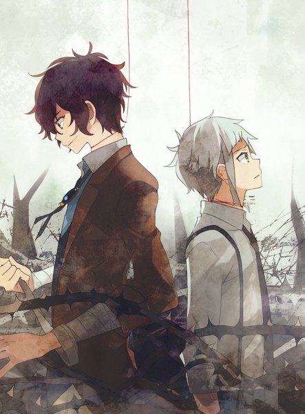 Anime picture 739x1000 with bungou stray dogs studio bones dazai osamu (bungou stray dogs) nakajima atsushi takerusilt tall image short hair brown hair yellow eyes profile light smile grey hair multiple boys looking down looking up boy 2 boys bandage (bandages) thread red thread