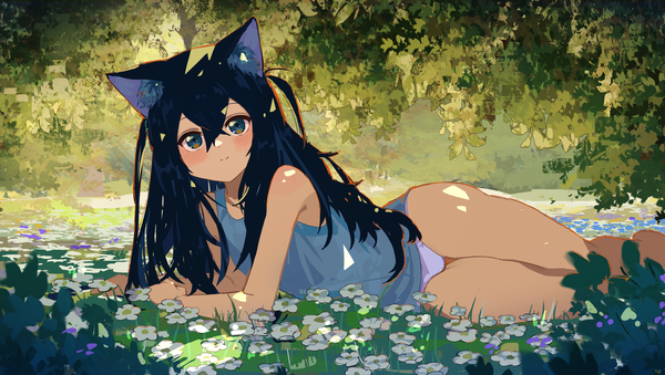 Anime picture 4400x2486 with original kgt (pixiv12957613) single long hair looking at viewer blush fringe highres blue eyes light erotic black hair smile hair between eyes wide image animal ears absurdres outdoors lying sunlight cat ears