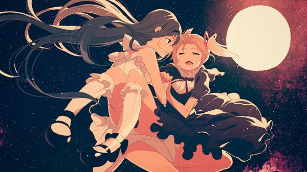 Anime picture 1280x720 with mahou shoujo madoka magica shaft (studio) akemi homura kaname madoka kokoro6636 long hair short hair open mouth black hair wide image twintails multiple girls holding pink hair bent knee (knees) night night sky holding hands girl dress