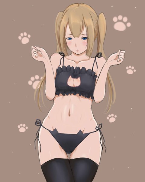 Anime picture 1024x1280 with dead or alive marie rose tanshi (tansy520) single long hair tall image blush blue eyes light erotic simple background blonde hair twintails bare shoulders parted lips arm up teeth bare belly embarrassed looking down cleavage cutout