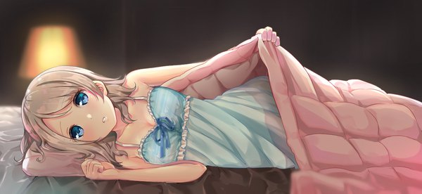 Anime picture 2600x1200 with love live! sunshine!! sunrise (studio) love live! watanabe you marimuu single looking at viewer highres short hair blue eyes blonde hair wide image holding lying parted lips on side girl frills pillow nightie