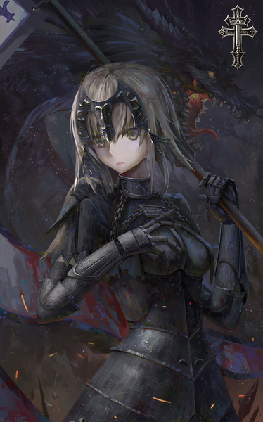Anime picture 798x1279 with fate (series) fate/grand order fate/apocrypha jeanne d'arc (fate) (all) jeanne d'arc alter (fate) tianya beiming single tall image looking at viewer fringe short hair breasts hair between eyes holding grey hair grey background teeth grey eyes lipstick mouth hold
