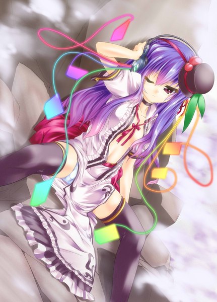Anime picture 3024x4205 with touhou hinanawi tenshi shiraki kyousuke (artist) long hair tall image highres light erotic sitting purple eyes absurdres purple hair one eye closed wink open clothes pantyshot open shirt girl thighhighs black thighhighs hat