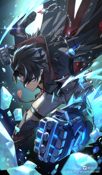 Anime picture 2935x5000 with genshin impact wriothesley (genshin impact) bum hico single tall image highres short hair blue eyes black hair sparkle fighting stance mechanical arms boy fist vision (genshin impact) ice