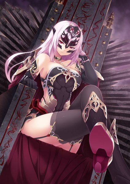 Anime picture 900x1273 with original cait single long hair tall image looking at viewer light erotic sitting pink hair crossed legs adjusting hair girl thighhighs gloves weapon black thighhighs sword elbow gloves boots armor