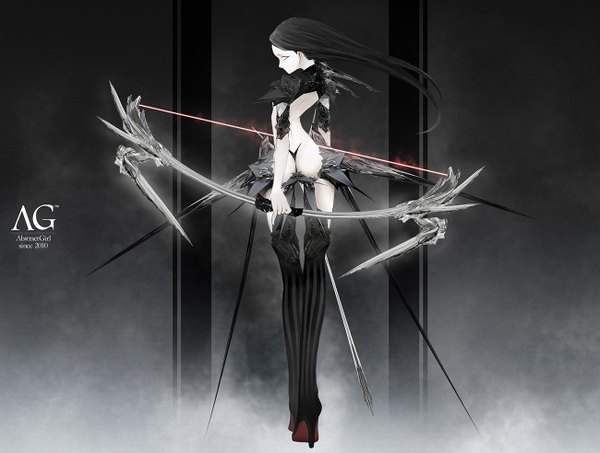 Anime picture 1300x983 with original yuya togashi single long hair light erotic black hair looking away ass from behind high heels white skin white eyes abstract girl weapon bow (weapon)