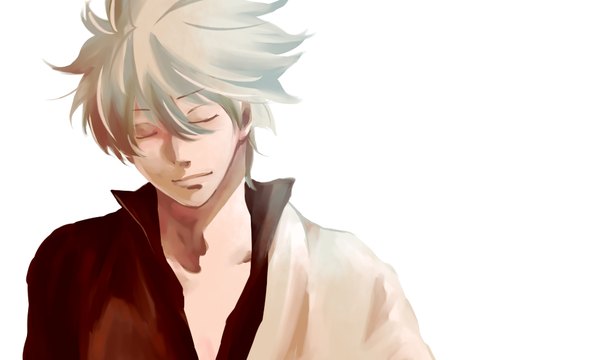 Anime picture 1000x600 with gintama sunrise (studio) sakata gintoki gin2point single fringe short hair simple background smile hair between eyes wide image white background silver hair upper body eyes closed open clothes boy