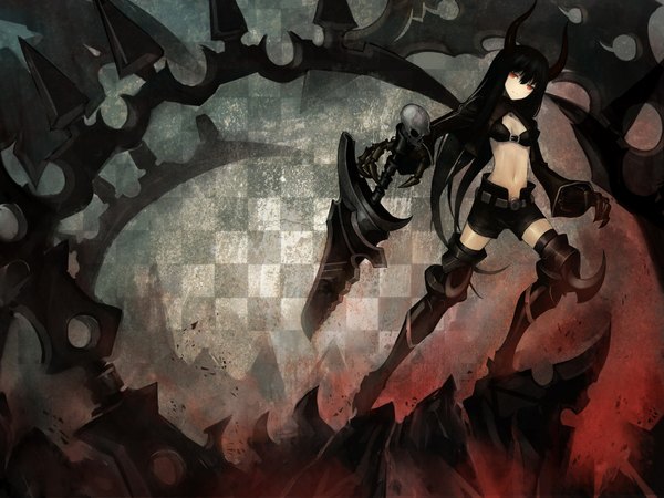 Anime picture 1920x1440 with black rock shooter black gold saw long hair looking at viewer highres black hair red eyes horn (horns) open clothes open jacket checkered background girl shorts boots chain bikini top skull huge weapon