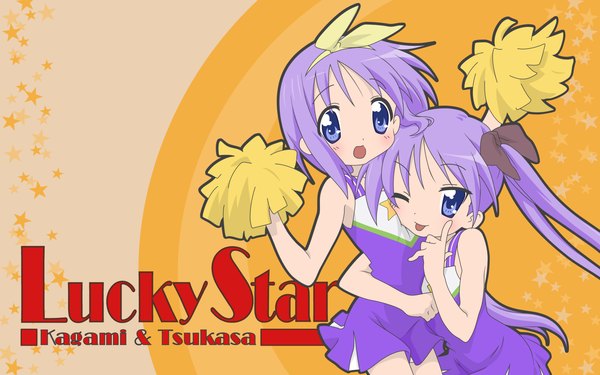 Anime picture 1680x1050 with lucky star kyoto animation hiiragi kagami hiiragi tsukasa long hair short hair blue eyes wide image multiple girls purple hair twins cheerleader girl 2 girls