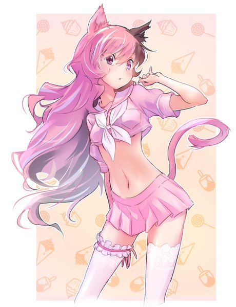 Anime picture 1000x1304 with rwby rooster teeth neopolitan (rwby) iesupa single long hair tall image looking at viewer blush fringe black hair simple background hair between eyes standing animal ears pink hair tail parted lips animal tail pleated skirt