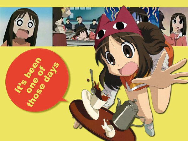 Anime picture 1024x768 with azumanga daioh j.c. staff kasuga ayumu long hair open mouth brown hair brown eyes full body text multiview third-party edit yellow background falling scared girl cup cap tray teapot spoon