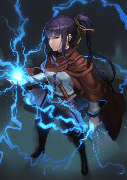 Anime picture 1414x2000 with overlord (maruyama) madhouse narberal gamma tantaka single long hair tall image fringe standing purple eyes payot looking away purple hair full body ponytail blunt bangs serious sheathed lightning girl