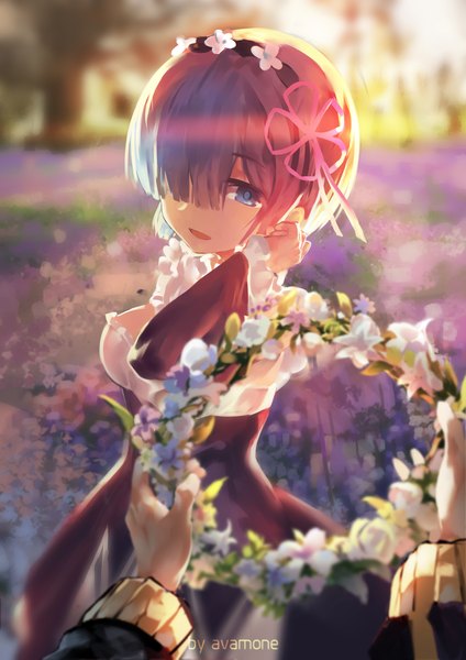 Anime picture 1600x2263 with re:zero kara hajimeru isekai seikatsu white fox rem (re:zero) azomo single tall image fringe short hair breasts blue eyes large breasts standing holding signed blue hair looking away outdoors long sleeves parted lips head tilt