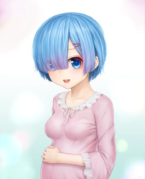 Anime picture 1623x2000 with re:zero kara hajimeru isekai seikatsu white fox rem (re:zero) aki99 single tall image looking at viewer fringe short hair open mouth blue eyes blue hair hair over one eye pregnant girl dress