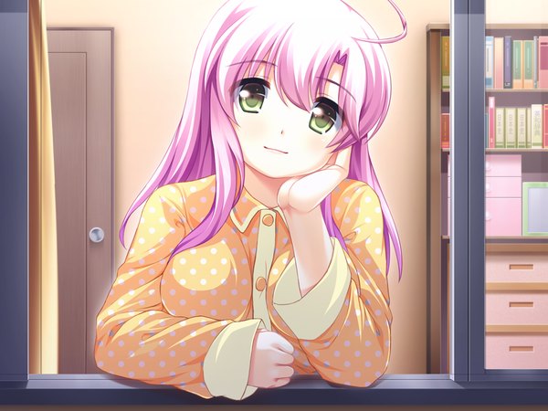 Anime picture 1024x768 with sekisaba! (game) long hair green eyes pink hair game cg girl pajamas