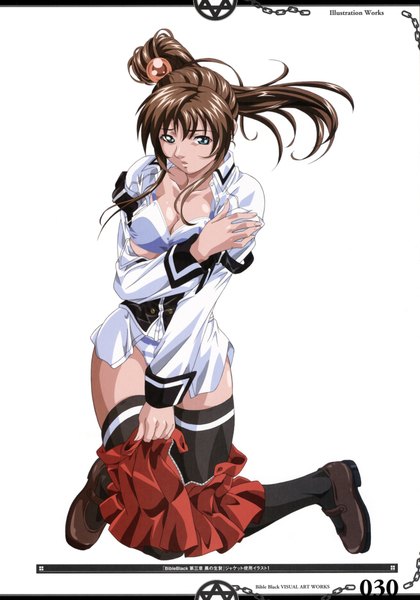 Anime picture 1400x2000 with bible black kurumi imari single tall image light erotic brown hair white background pantyshot side ponytail girl thighhighs underwear panties shirt chain striped panties