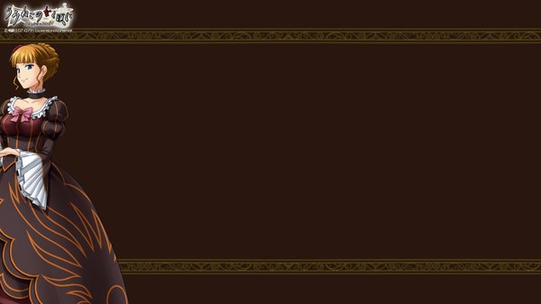 Anime picture 1920x1080 with umineko no naku koro ni beatrice single highres blue eyes simple background blonde hair smile wide image inscription hieroglyph girl dress