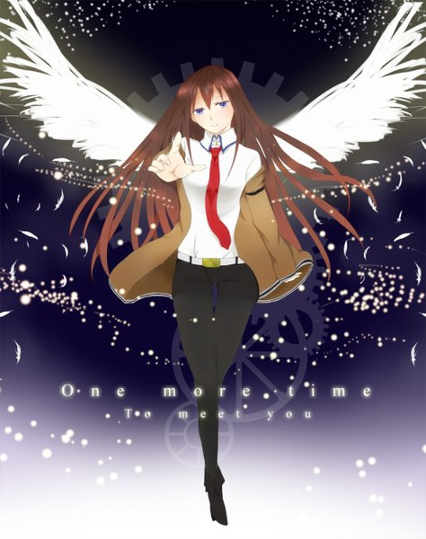 Anime picture 1028x1300 with steins;gate white fox makise kurisu single long hair tall image fringe blue eyes smile brown hair angel wings girl thighhighs black thighhighs wings jacket shorts boots belt feather (feathers)