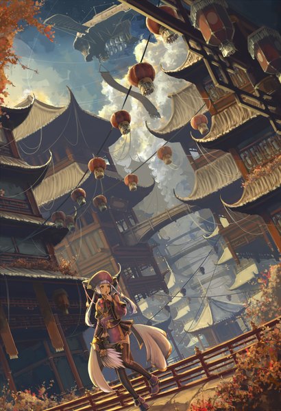 Anime picture 1430x2090 with original bespin single long hair tall image blush open mouth twintails looking away sky purple hair zettai ryouiki finger to mouth chinese clothes girl thighhighs skirt hat miniskirt building (buildings)