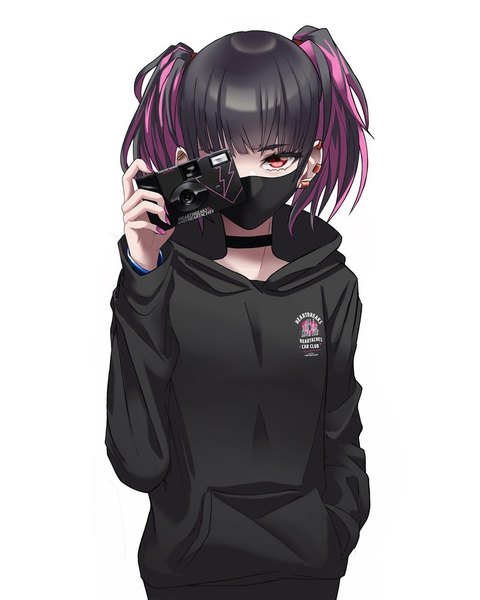 Anime picture 1080x1350 with original black mask single tall image looking at viewer fringe short hair simple background red eyes standing white background twintails holding purple hair blunt bangs multicolored hair two-tone hair piercing short twintails ear piercing