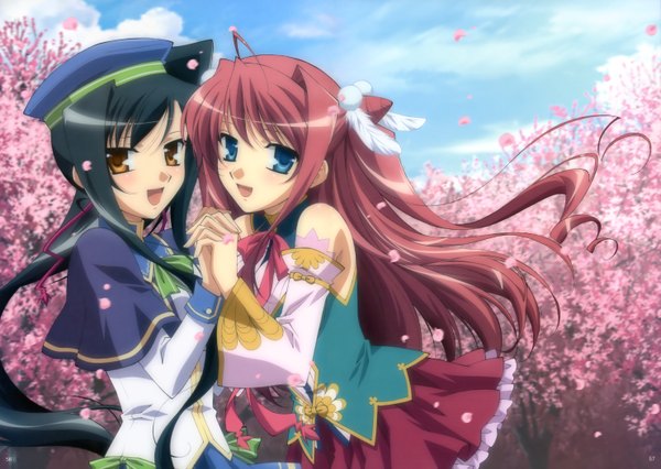 Anime picture 5920x4207 with koihime musou doga kobo kanu ryuubi ooshima miwa long hair highres open mouth blue eyes black hair multiple girls yellow eyes absurdres red hair cherry blossoms holding hands girl 2 girls hat