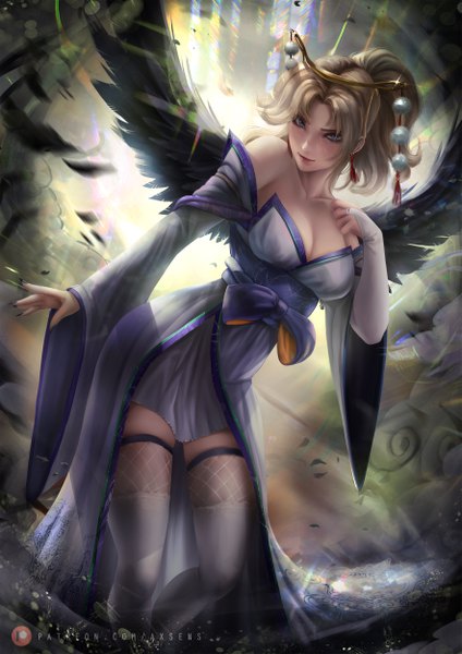 Anime picture 3532x5000 with overwatch blizzard entertainment mercy (overwatch) axsen single tall image looking at viewer highres short hair breasts blue eyes light erotic blonde hair large breasts standing bare shoulders signed payot absurdres cleavage