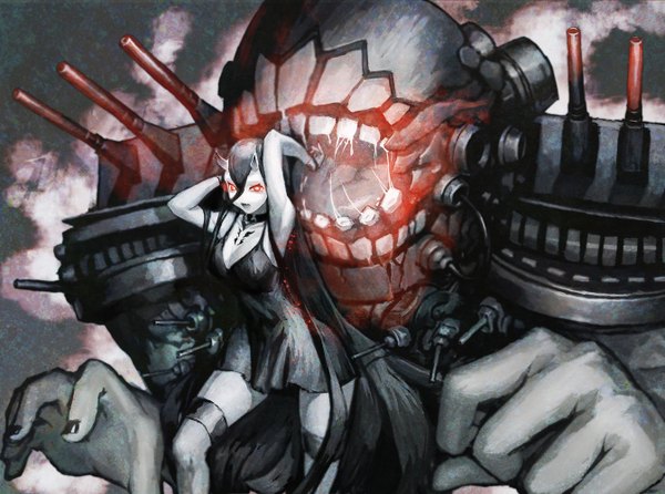 Anime picture 1344x1000 with kantai collection battleship-symbiotic hime jonsun open mouth black hair hair between eyes red eyes cleavage very long hair nail polish horn (horns) teeth tattoo arms behind head saliva pale skin oni horns shinkaisei-kan girl dress