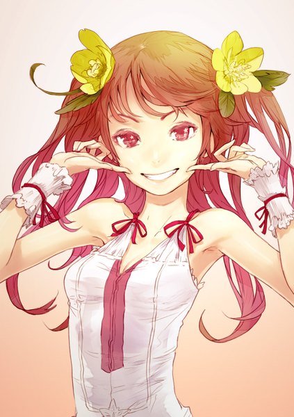 Anime picture 1000x1417 with original redjuice single long hair tall image smile red eyes bare shoulders upper body red hair hair flower sleeveless grin portrait flat chest face girl hair ornament hands