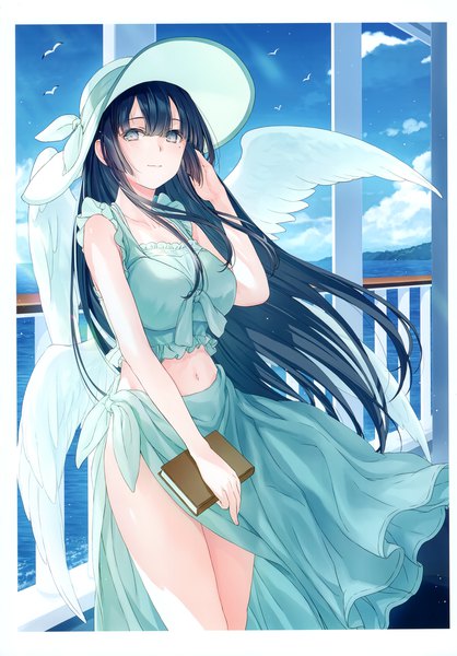 Anime-Bild 2424x3481 mit original yashiro seika single long hair tall image looking at viewer fringe highres breasts black hair hair between eyes standing holding sky cloud (clouds) arm up light smile scan mole midriff