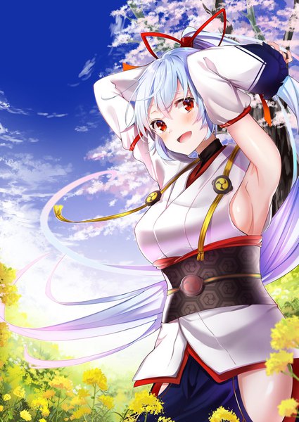 Anime picture 1451x2048 with fate (series) fate/grand order tomoe gozen (fate) felnemo3 single long hair tall image looking at viewer blush fringe breasts open mouth light erotic smile hair between eyes red eyes large breasts standing payot sky
