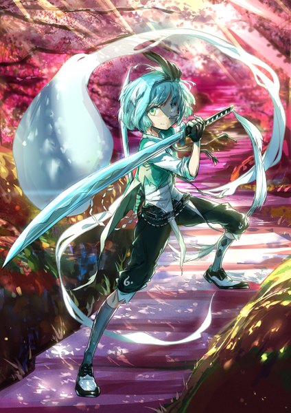 Anime picture 889x1259 with touhou konpaku youmu myon baijin poison single tall image looking at viewer fringe short hair smile green eyes grey hair sunlight alternate costume cherry blossoms fighting stance girl gloves weapon plant (plants)