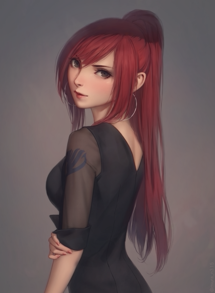 Anime picture 1200x1636 with fairy tail erza scarlet miura-n315 single long hair tall image looking at viewer blush fringe simple background hair between eyes brown eyes payot ponytail red hair fingernails lips realistic grey background tattoo