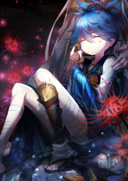 Anime picture 700x993 with touken ranbu nitroplus sayo samonji ling (sroin) tall image fringe short hair blue hair ponytail eyes closed traditional clothes japanese clothes alternate costume dark background sleeping glow boy flower (flowers) weapon shorts