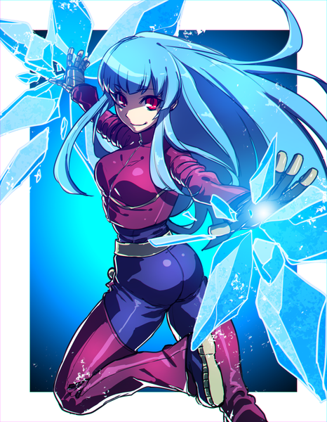 Anime picture 700x900 with the king of fighters snk kula diamond pizaya single long hair tall image looking at viewer simple background smile red eyes blue hair bent knee (knees) magic spread arms shaded face girl ice