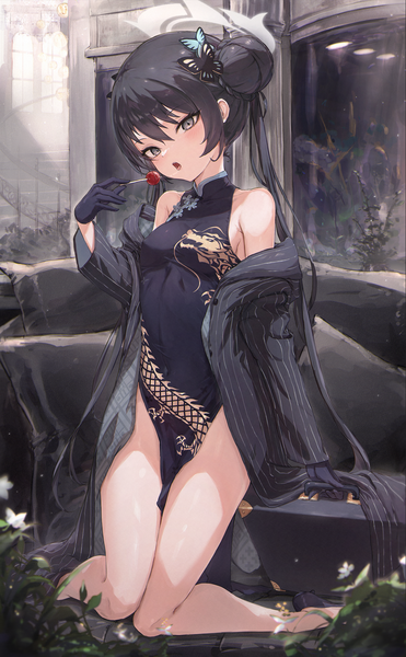 Anime picture 1254x2027 with blue archive kisaki (blue archive) yoyopipa single long hair tall image looking at viewer blush fringe open mouth light erotic black hair hair between eyes bare shoulders holding full body traditional clothes head tilt black eyes off shoulder