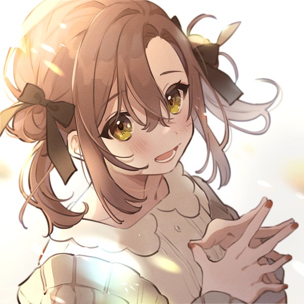 Anime picture 1250x1250 with original mameyanagi single blush fringe short hair open mouth hair between eyes brown hair twintails yellow eyes payot :d from above hair bun (hair buns) short twintails fingers together girl bow hair bow