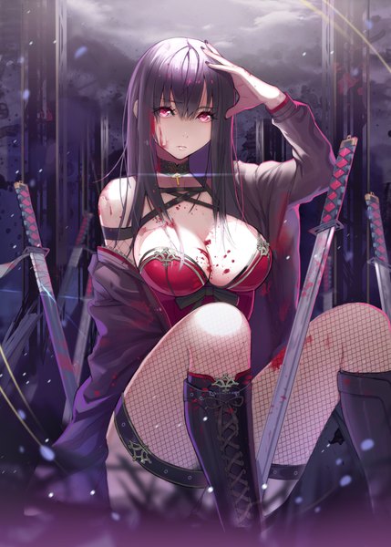 Anime picture 654x915 with original lloule single long hair tall image looking at viewer fringe breasts light erotic red eyes large breasts sitting sky cleavage purple hair outdoors parted lips pink eyes blurry open clothes